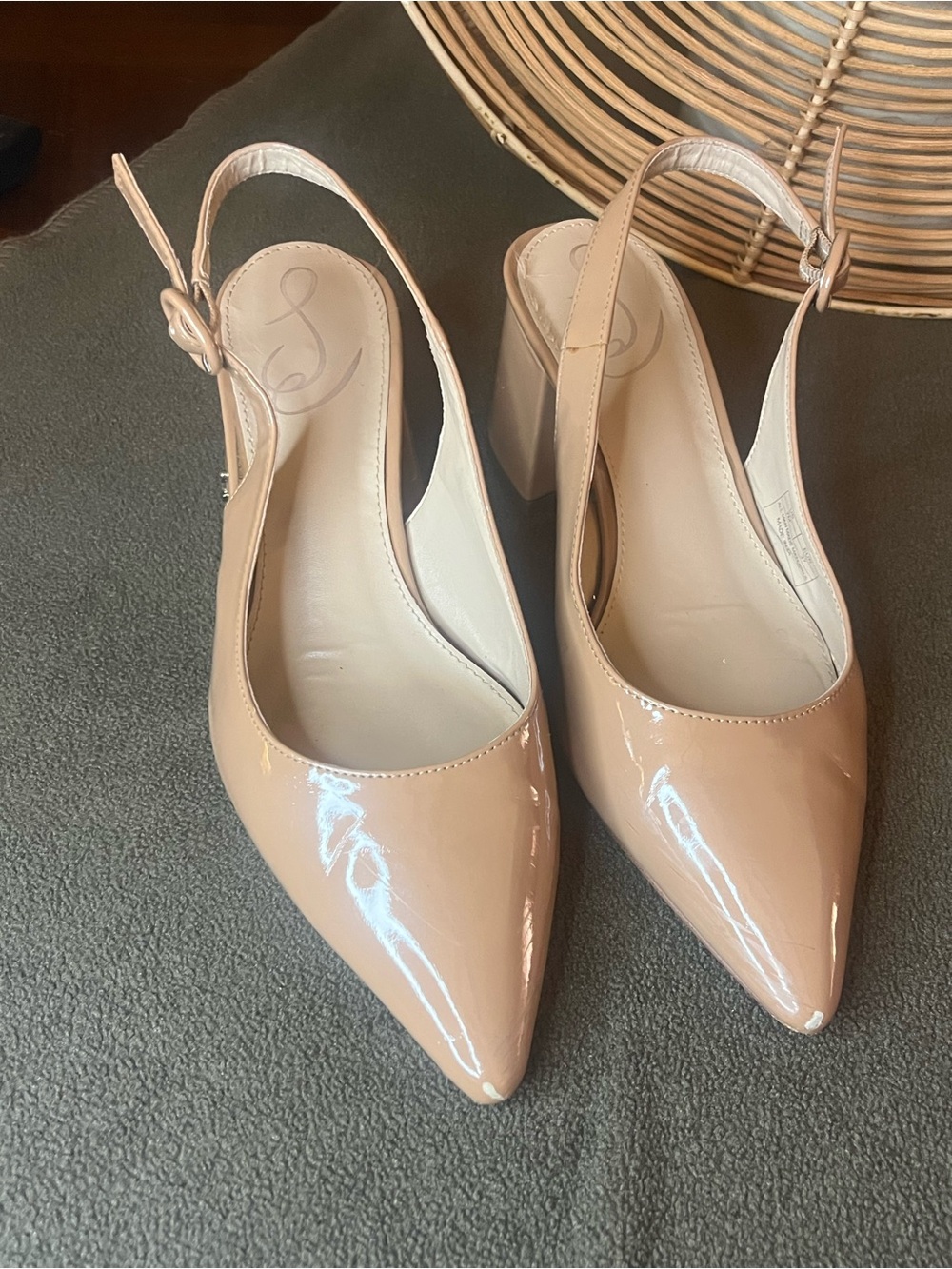Nude Patent Slingback Pointed Toe Block Heel Pumps